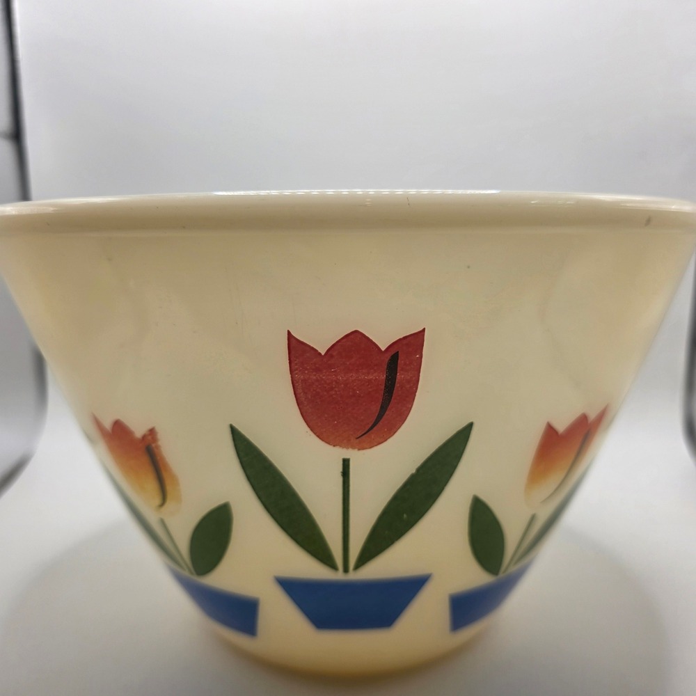 Vintage Fire-King Tulip Milk Glass Mixing Bowl Ivory Red Floral 1950s MCM 8.5in